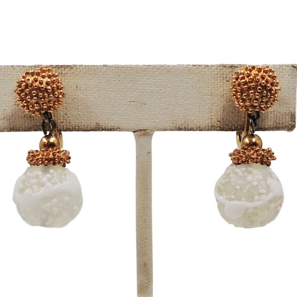 Vintage 1960s Signed Napier White Art Glass Drop Clip Earrings